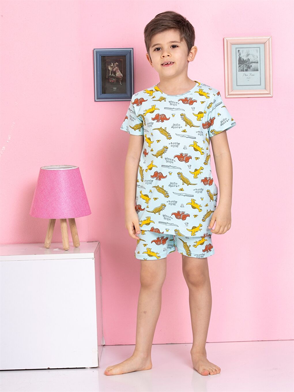 Bej Bisiklet Yaka Baskılı Kısa Kollu Erkek Çocuk Şortlu Pijama Takımı-1