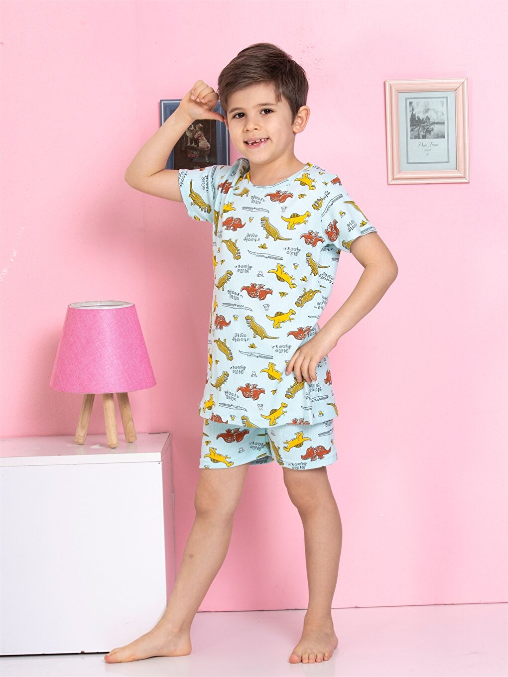 Bej Bisiklet Yaka Baskılı Kısa Kollu Erkek Çocuk Şortlu Pijama Takımı-2