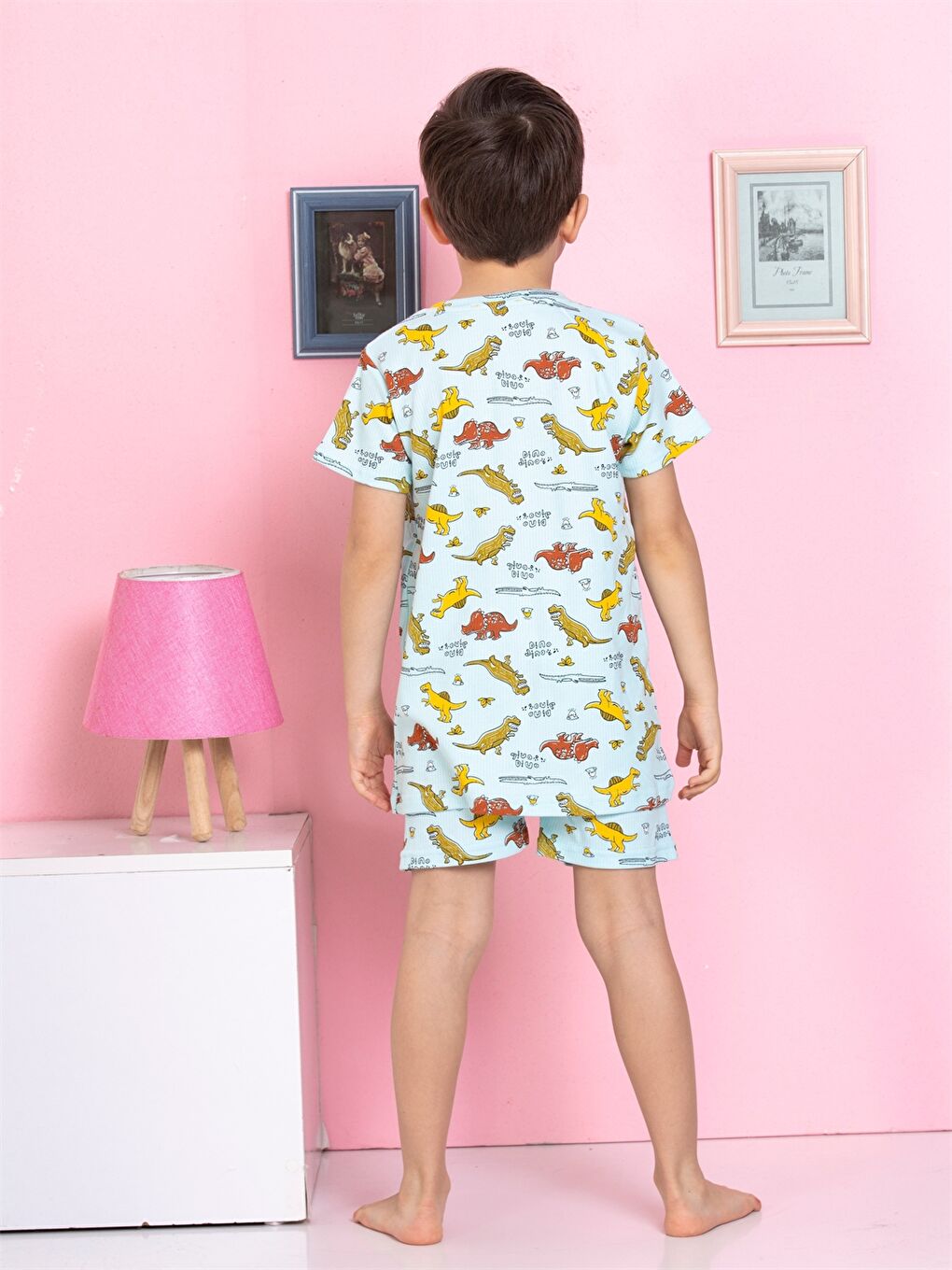 Bej Bisiklet Yaka Baskılı Kısa Kollu Erkek Çocuk Şortlu Pijama Takımı-3