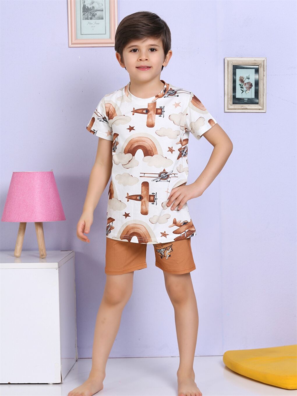 Kahverengi Bisiklet Yaka Baskılı Kısa Kollu Erkek Çocuk Şortlu Pijama Takımı