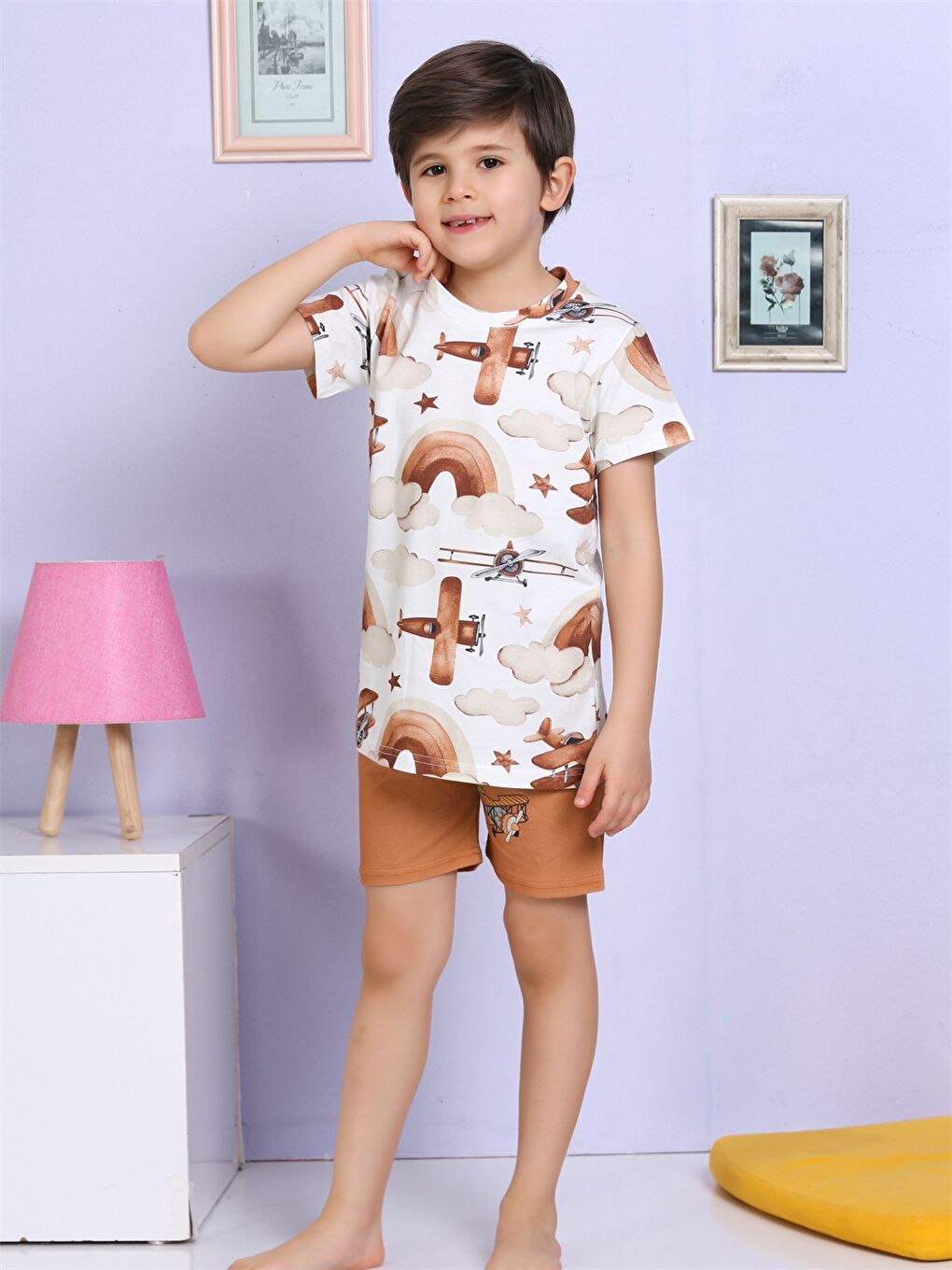 Kahverengi Bisiklet Yaka Baskılı Kısa Kollu Erkek Çocuk Şortlu Pijama Takımı-1