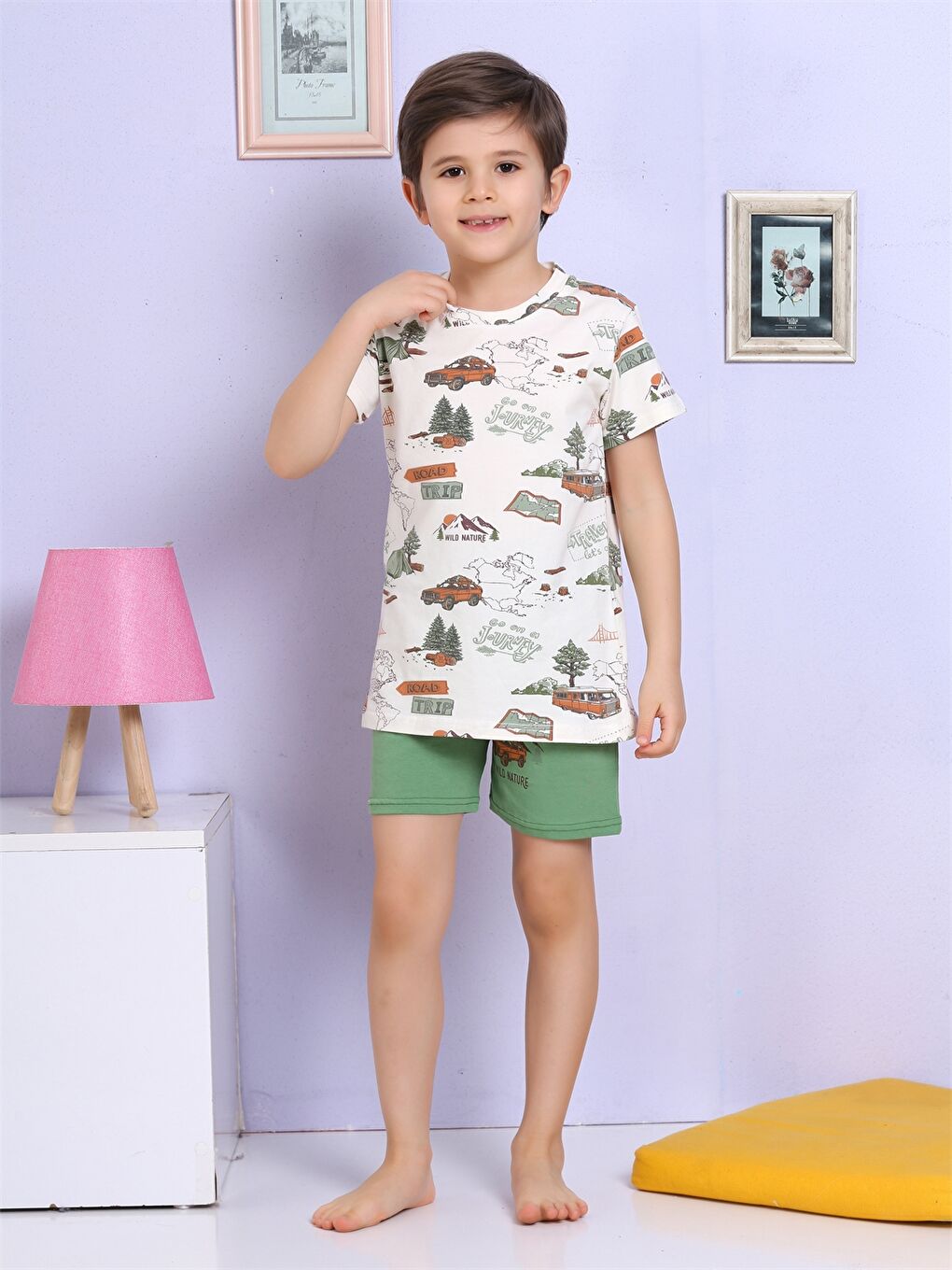 Yeşil Bisiklet Yaka Baskılı Kısa Kollu Erkek Çocuk Şortlu Pijama Takımı