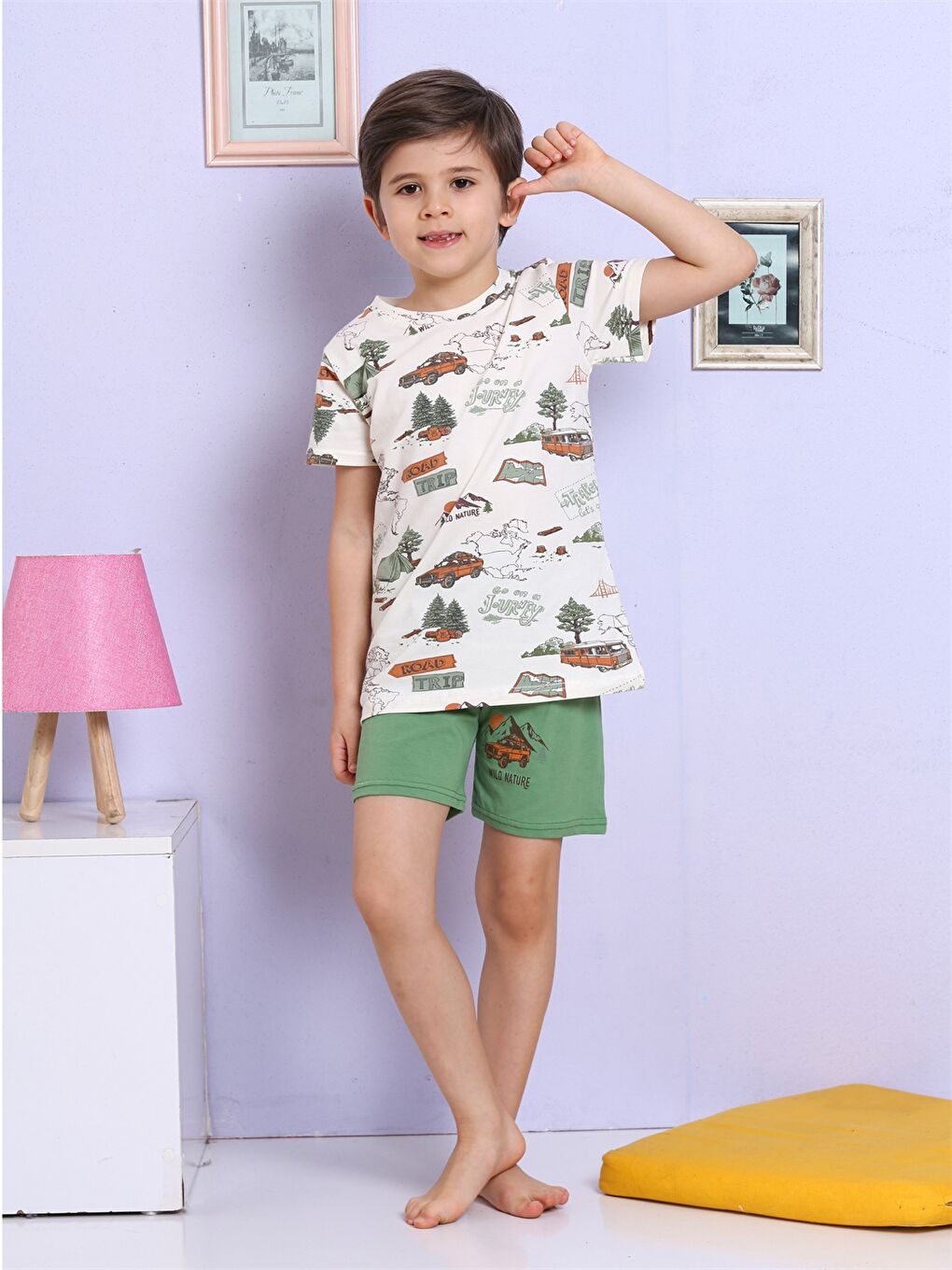 Yeşil Bisiklet Yaka Baskılı Kısa Kollu Erkek Çocuk Şortlu Pijama Takımı-1