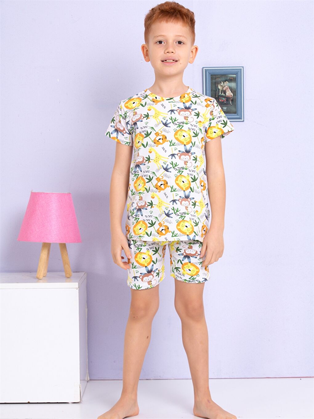 Ekru Bisiklet Yaka Baskılı Kısa Kollu Erkek Çocuk Şortlu Pijama Takımı