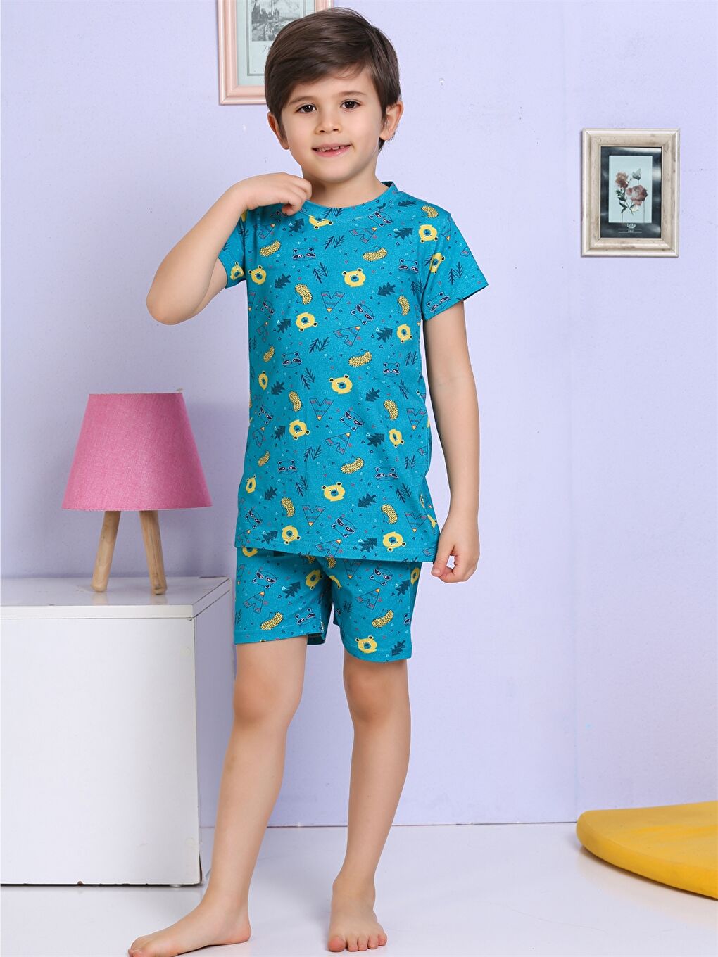 Mavi Bisiklet Yaka Baskılı Kısa Kollu Erkek Çocuk Şortlu Pijama Takımı