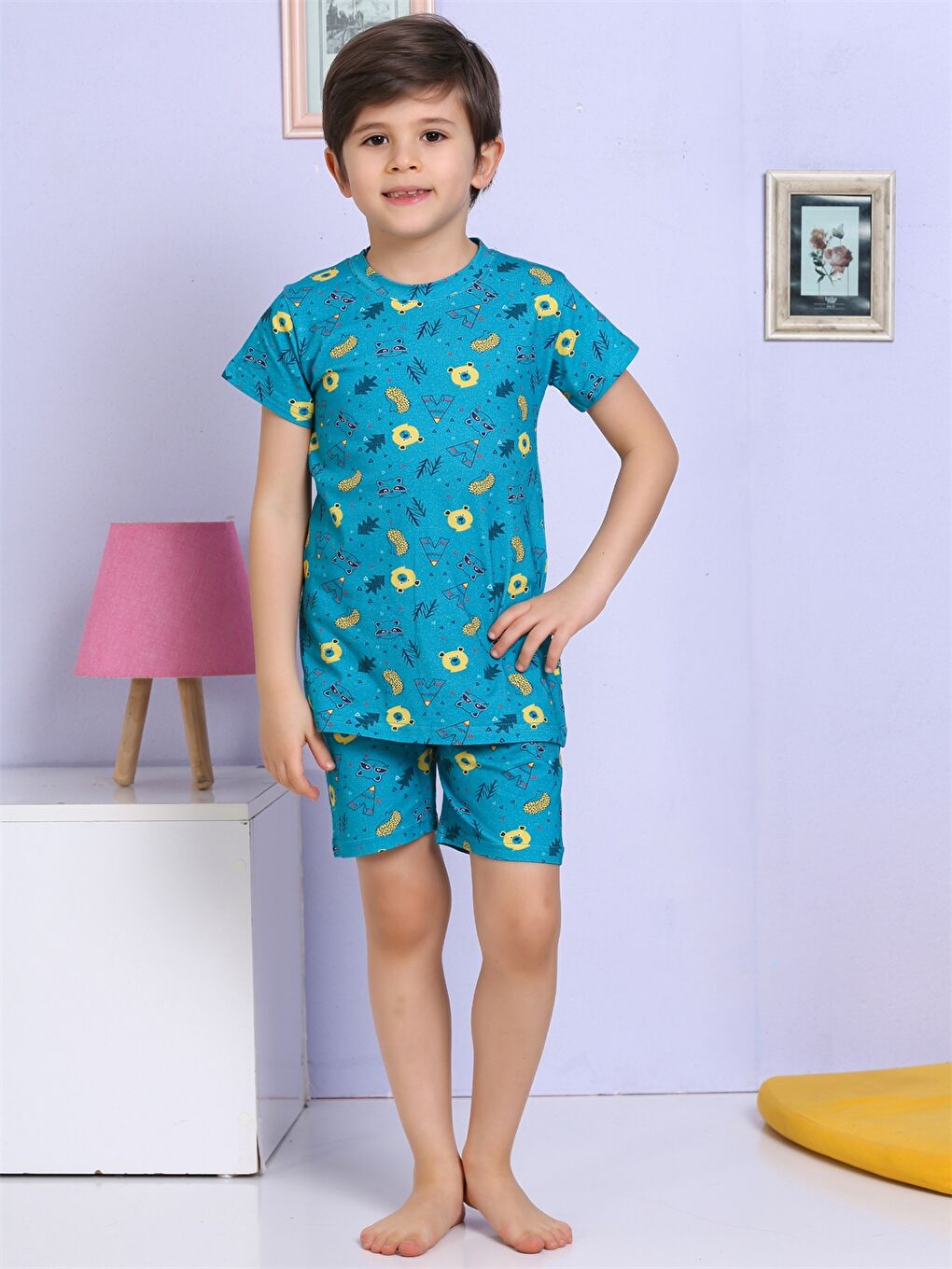 Mavi Bisiklet Yaka Baskılı Kısa Kollu Erkek Çocuk Şortlu Pijama Takımı-1