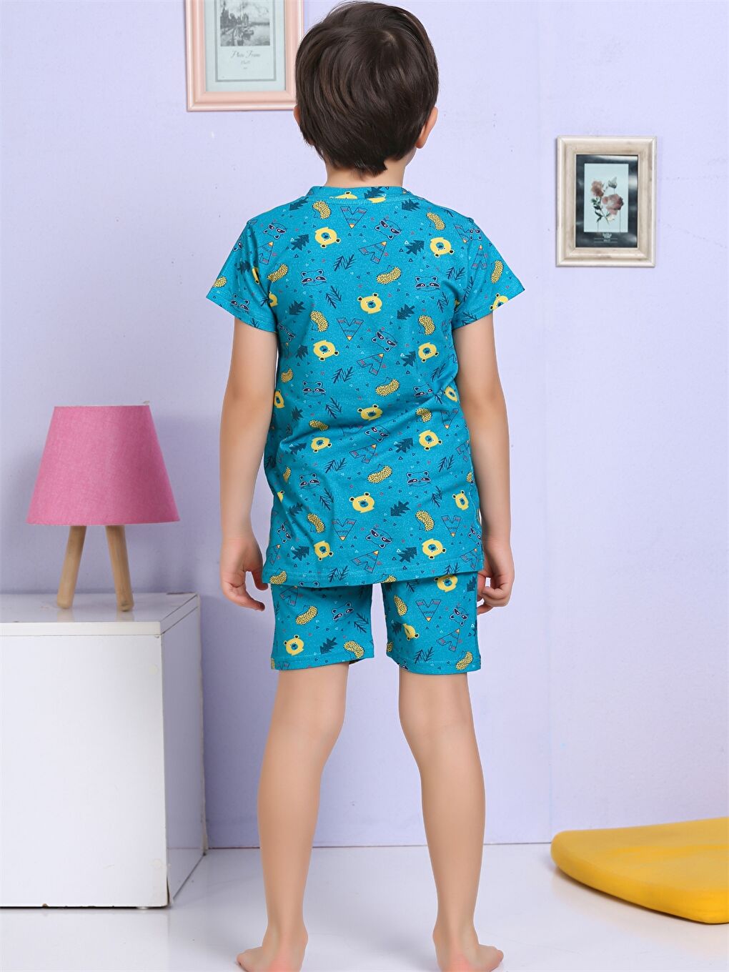 Mavi Bisiklet Yaka Baskılı Kısa Kollu Erkek Çocuk Şortlu Pijama Takımı-2