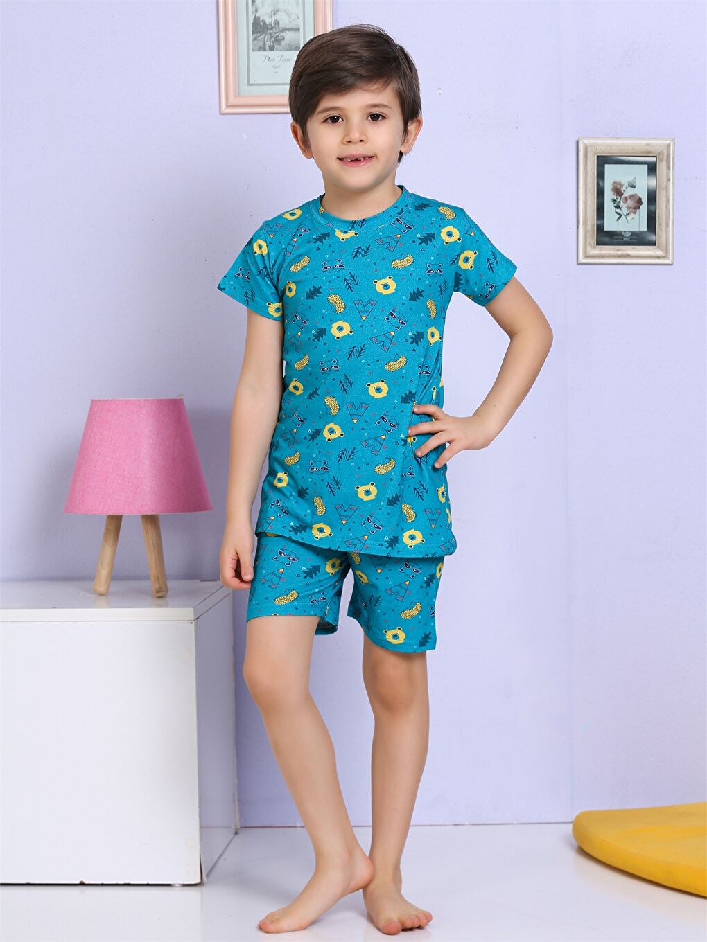 Mavi Bisiklet Yaka Baskılı Kısa Kollu Erkek Çocuk Şortlu Pijama Takımı-3