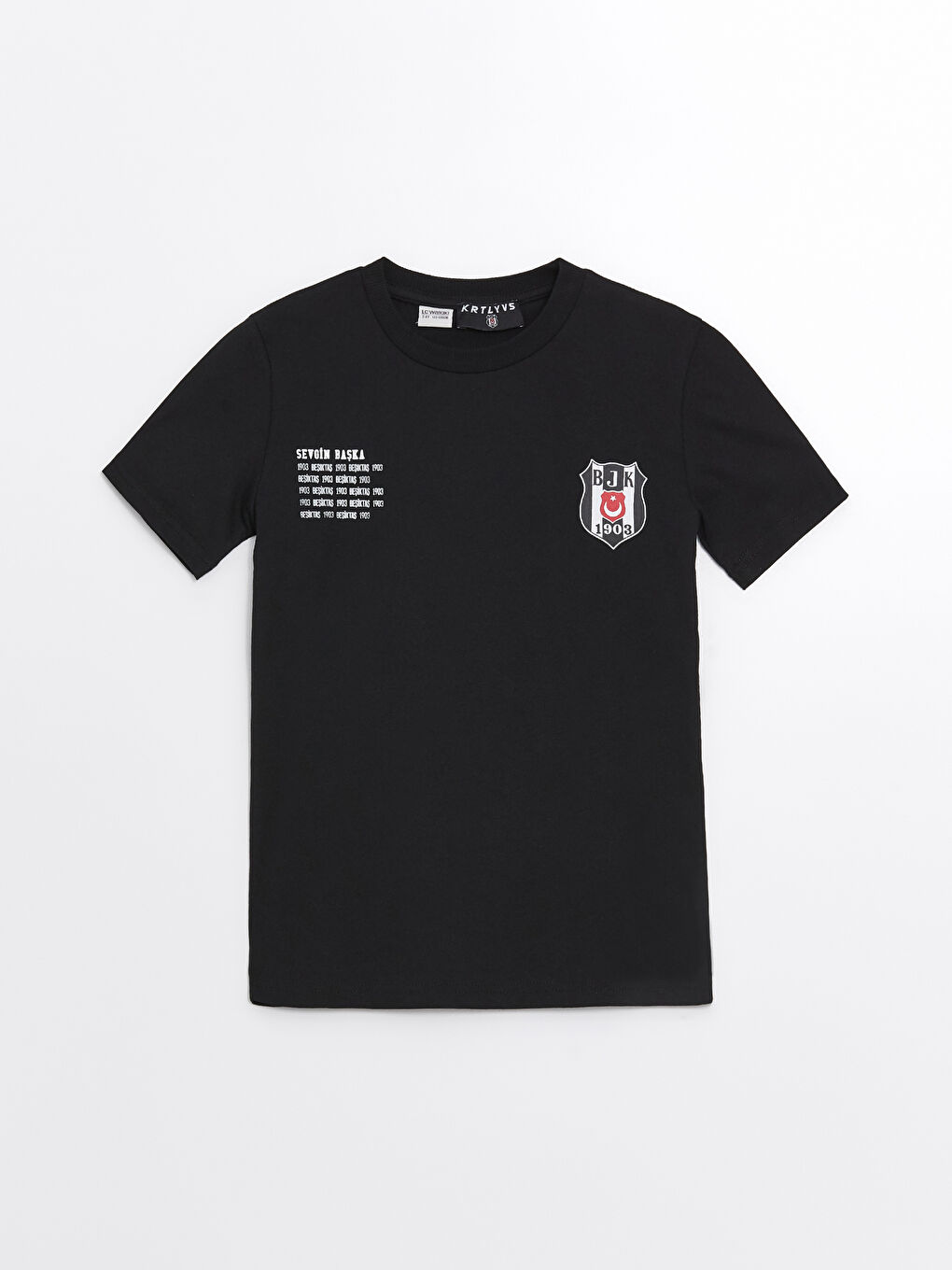 Siyah Bisiklet Yaka Beşiktaş Baskılı Kısa Kollu Erkek Çocuk Tişört