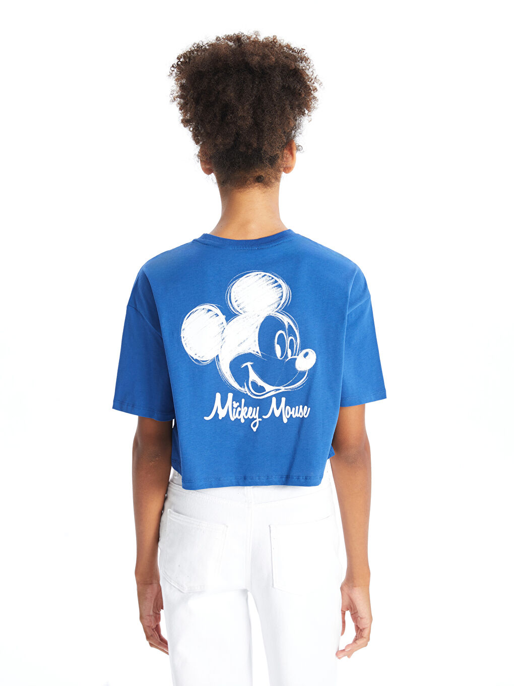 XSIDE Mavi Bisiklet Yaka Mickey Mouse Baskılı Kısa Kollu Oversize Kadın Crop - 3