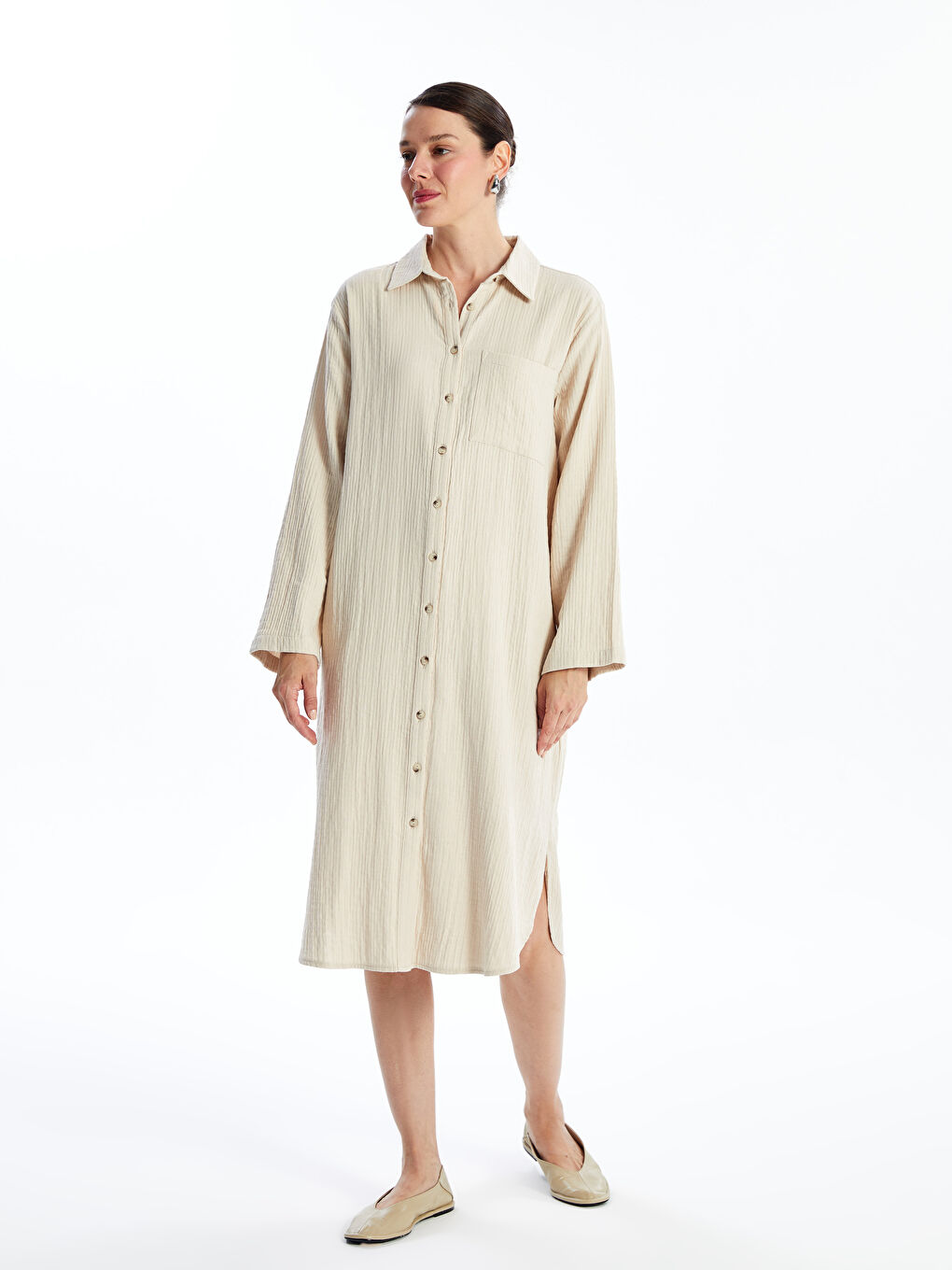 Plain Long Sleeve Women Shirt Dress -S4O018Z8-DXR