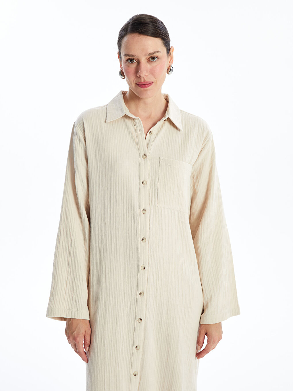 Plain Long Sleeve Women Shirt Dress -S4O018Z8-DXR