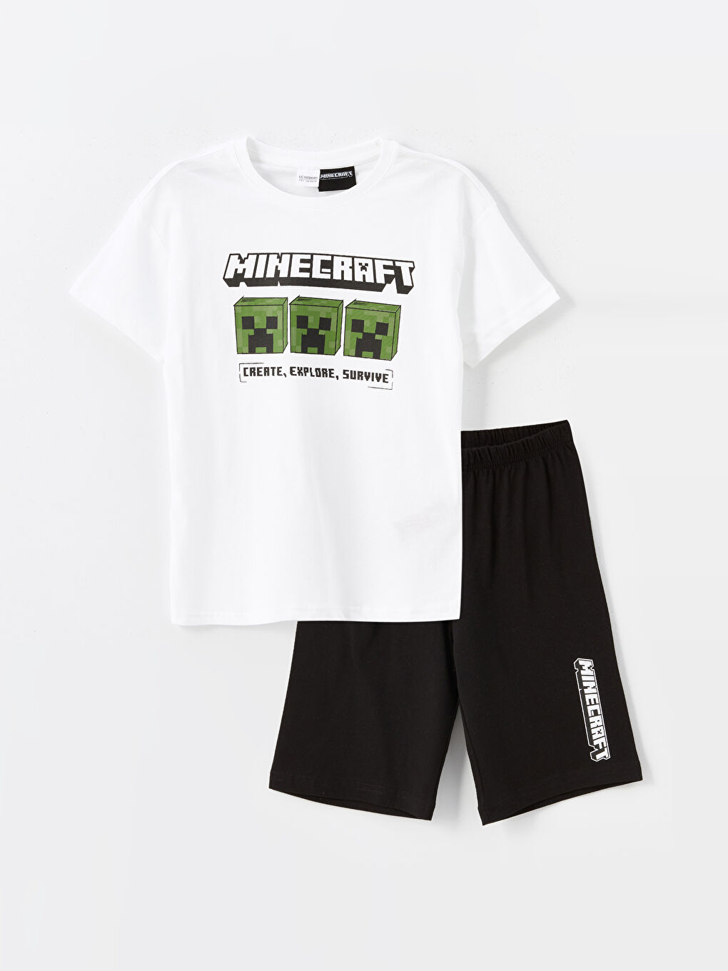 LCW Kids Beyaz Bisiklet Yaka Minecraft Baskılı Erkek Çocuk Şortlu Pijama Takımı