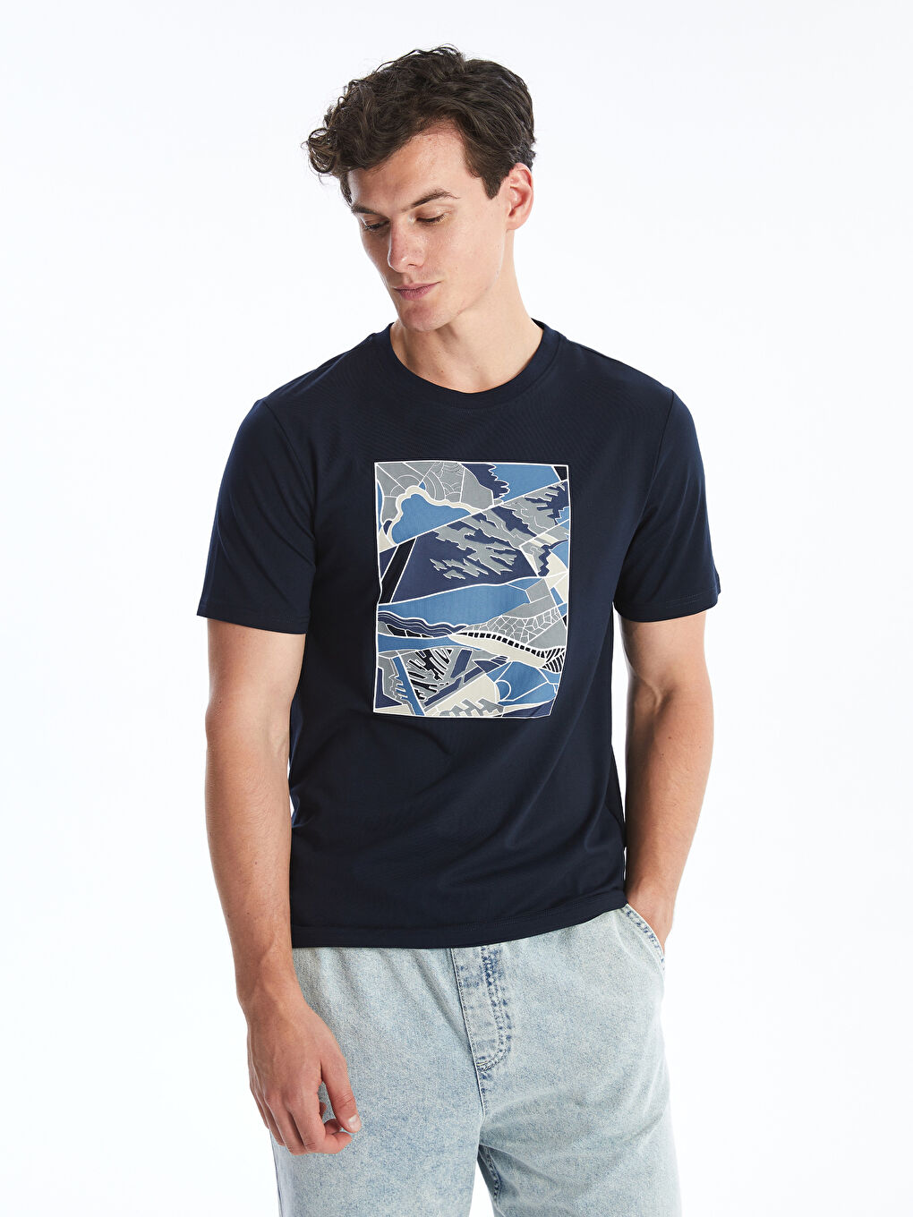 Lacivert Bisiklet Yaka Kısa Kollu Baskılı Penye Erkek Tişört