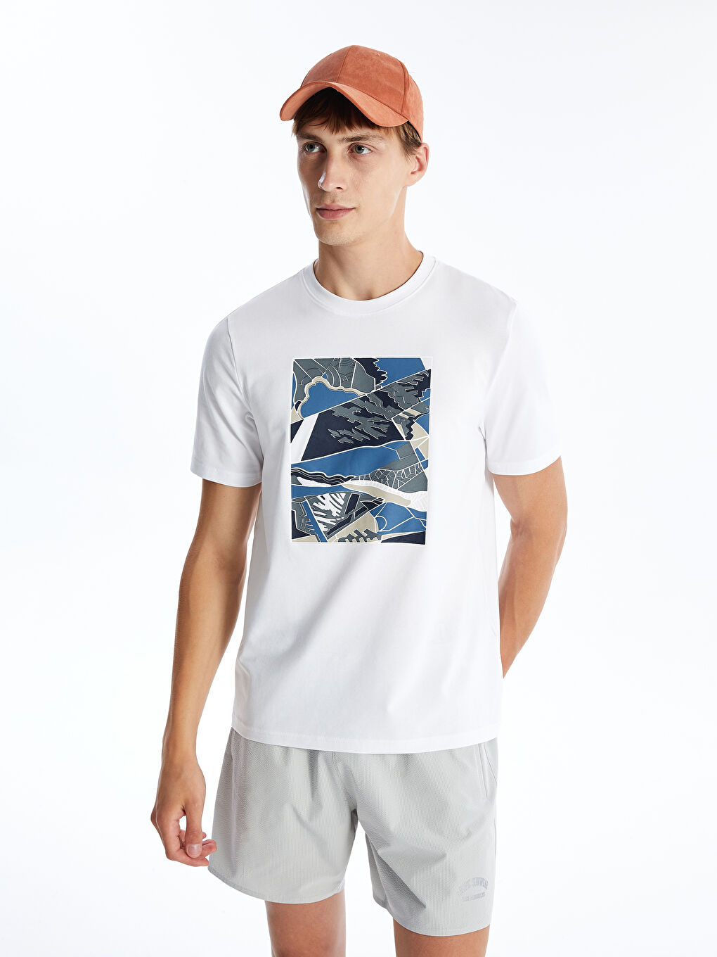 Beyaz Bisiklet Yaka Kısa Kollu Baskılı Penye Erkek Tişört