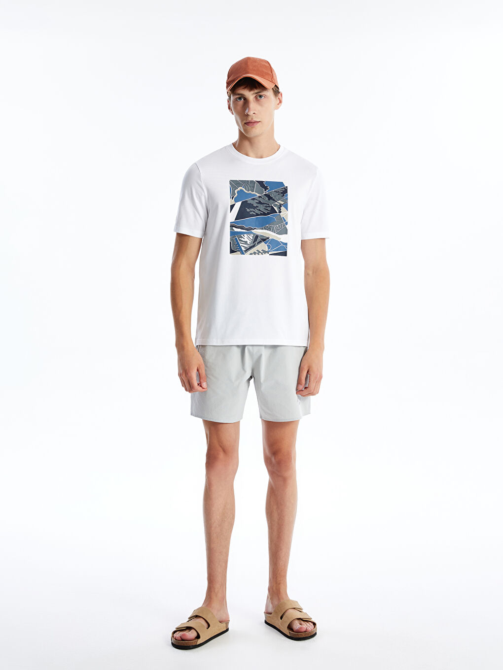 Beyaz Bisiklet Yaka Kısa Kollu Baskılı Penye Erkek Tişört-1