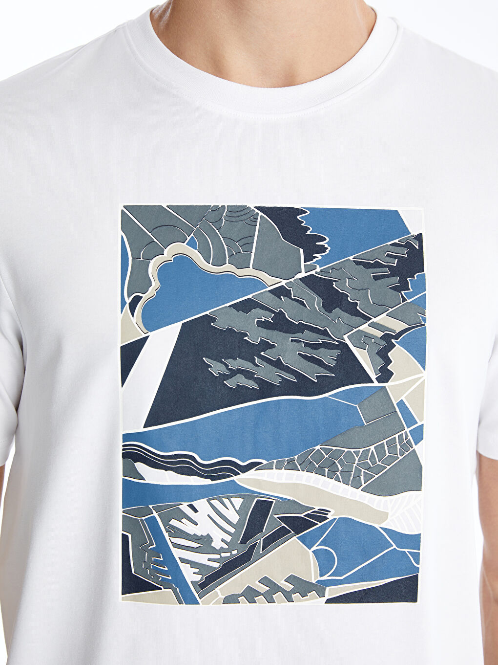 Beyaz Bisiklet Yaka Kısa Kollu Baskılı Penye Erkek Tişört-2