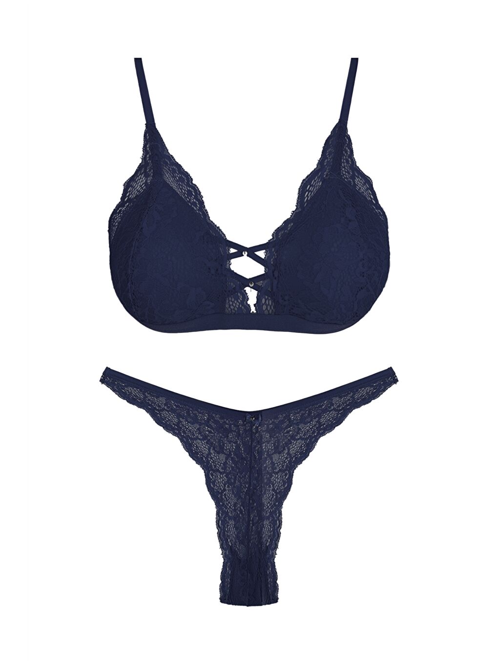 Lacivert Dantelli İnce Askılı Kaplı Taş Detaylı İç Giyim Takım