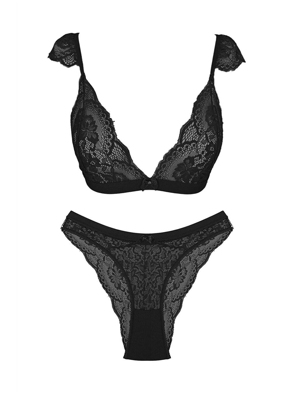 Siyah Dantelli Omuz Detaylı Transparan Üçgen İç Giyim Takım