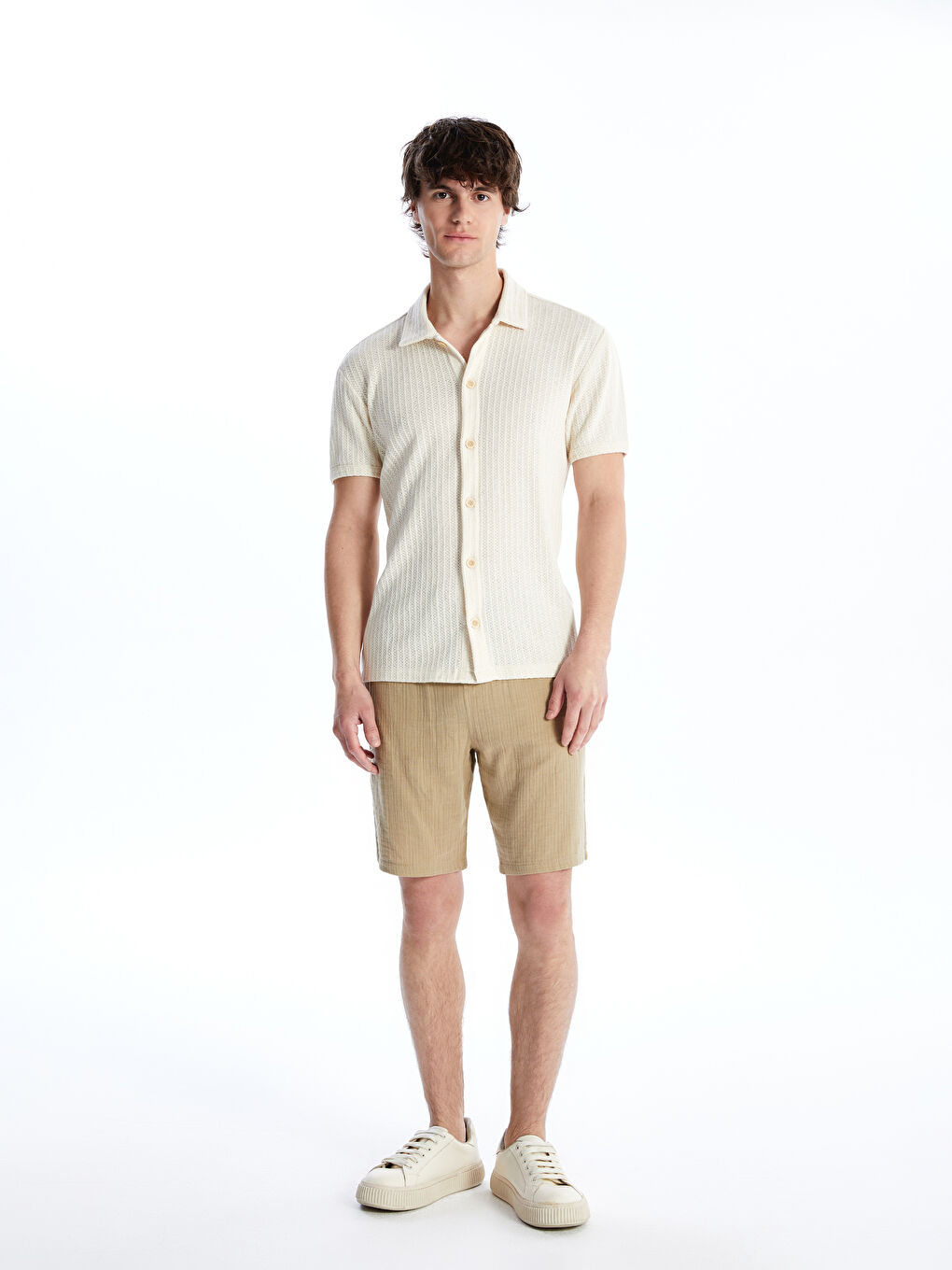 Bej Regular Fit Kısa Kollu Erkek Gömlek-1