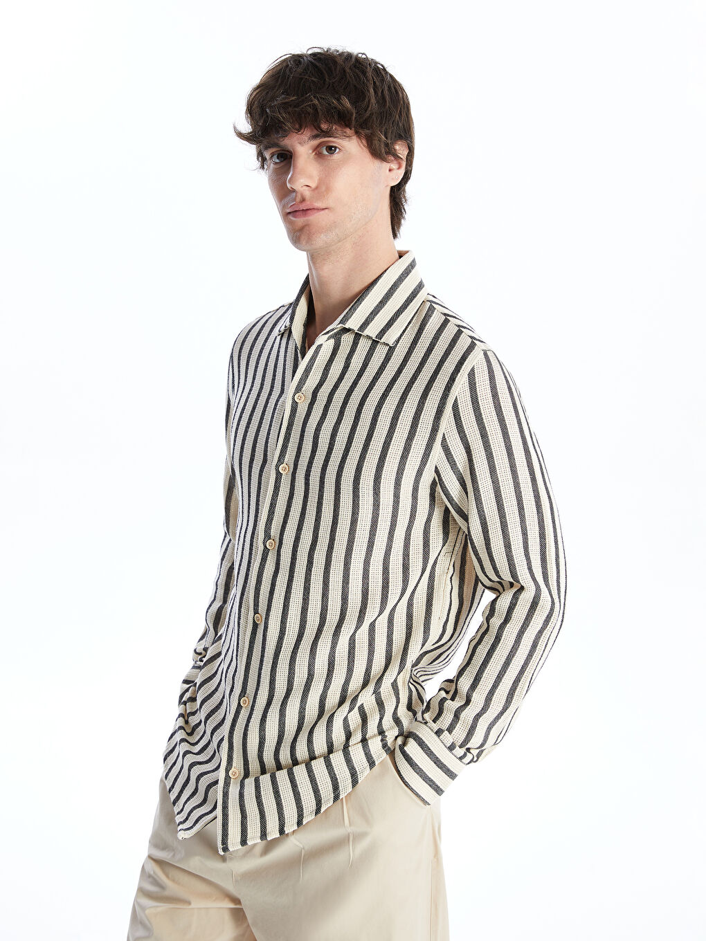 Lacivert Regular Fit Uzun Kollu Çizgili Erkek Gömlek