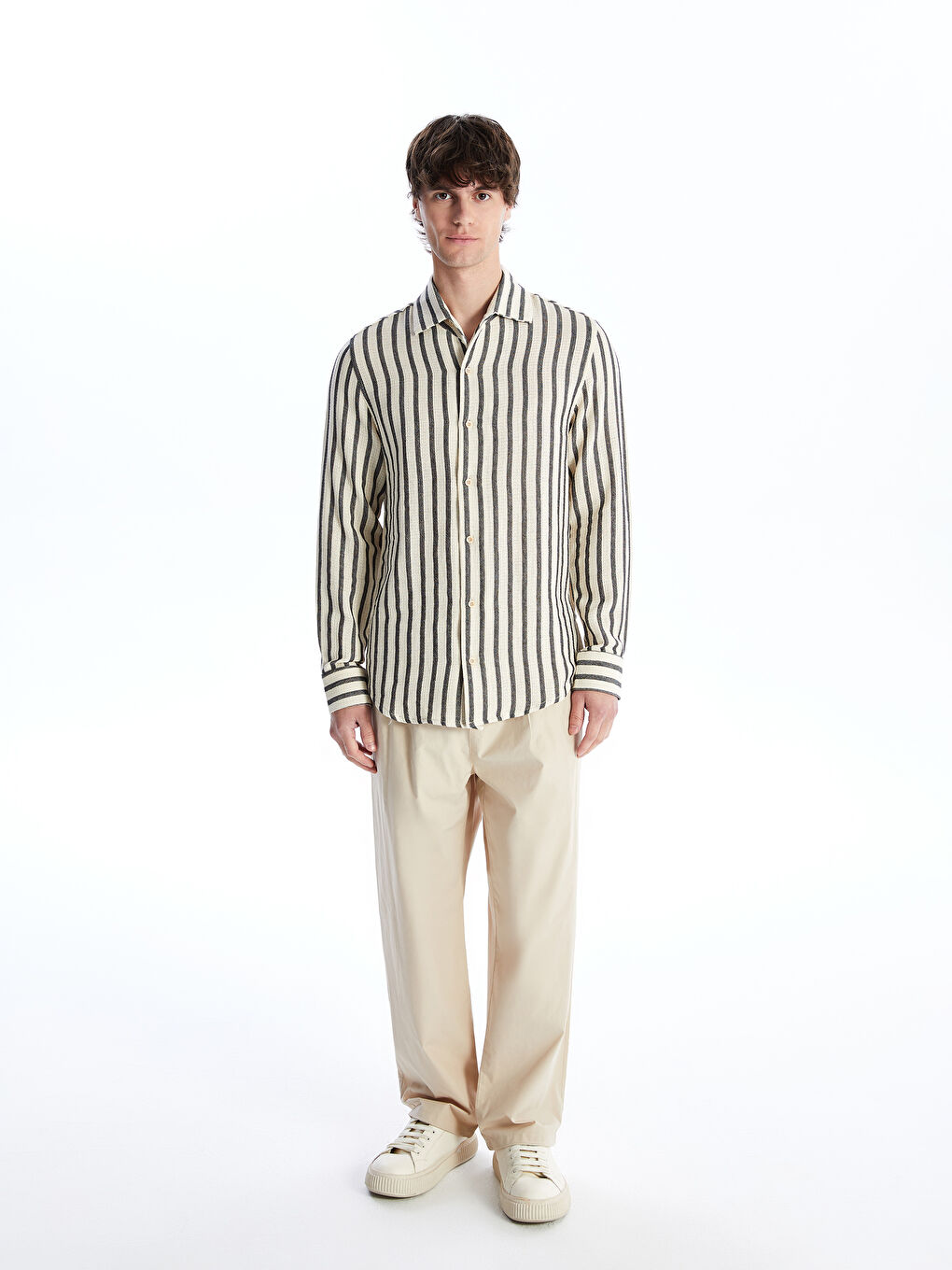 Lacivert Regular Fit Uzun Kollu Çizgili Erkek Gömlek-2