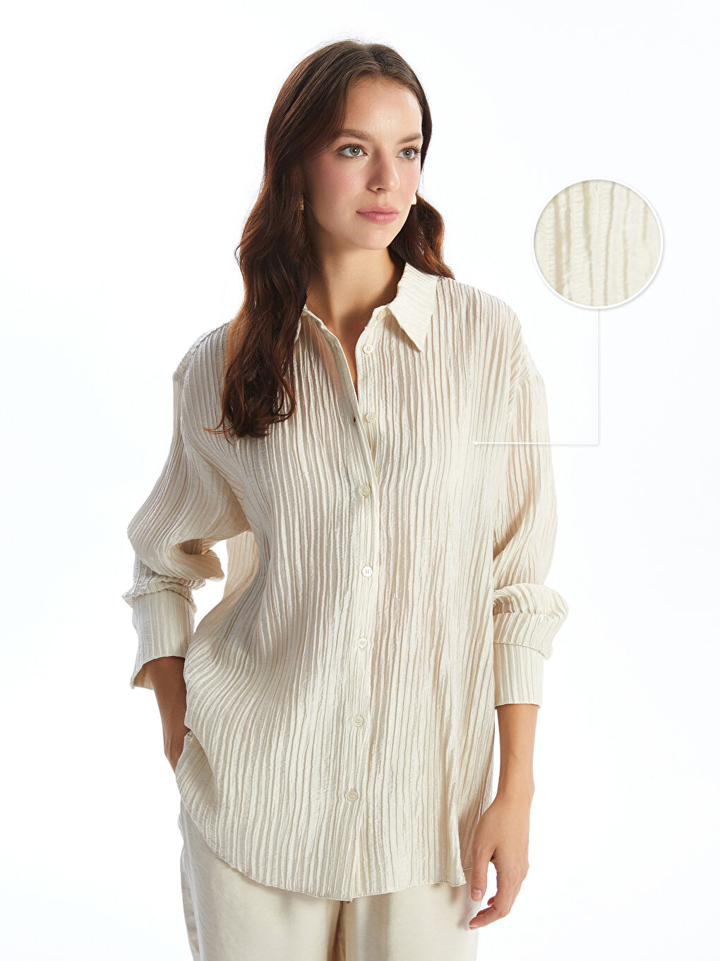 LCW Vision Bej Dokulu Oversize Kadın Gömlek