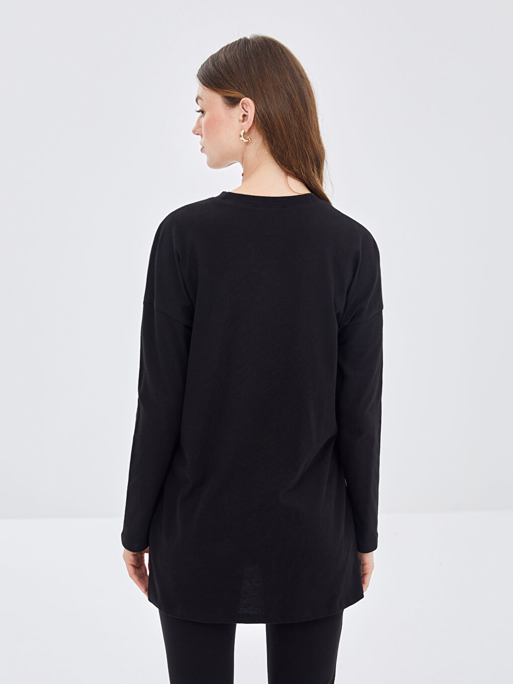 Siyah Kadın Bisiklet Yaka Düz Tunik-3