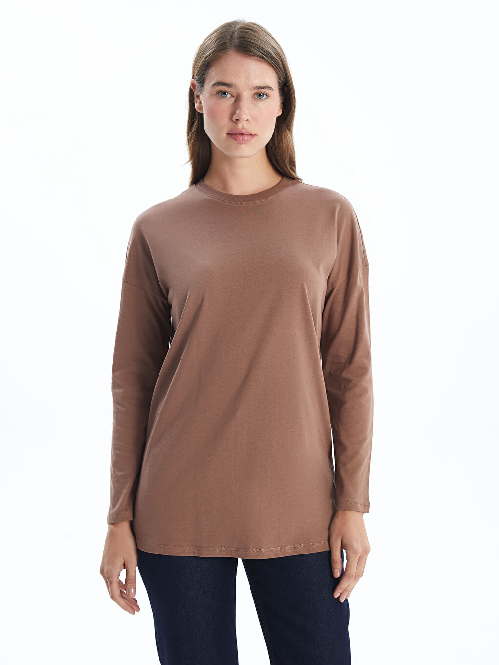 Kahverengi Kadın Bisiklet Yaka Düz Tunik