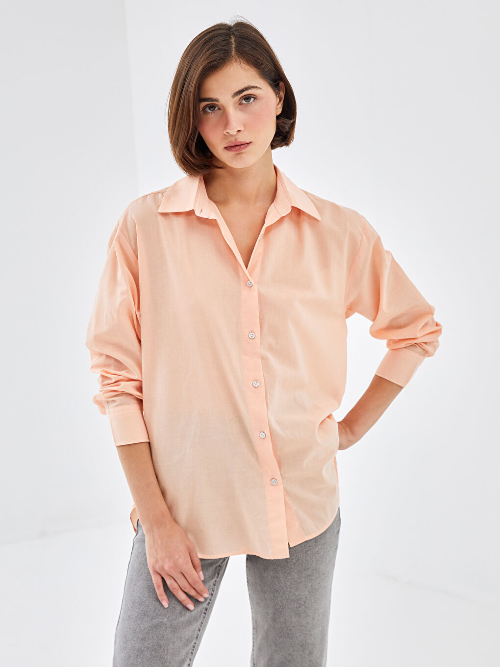 Plain Long Sleeve Oversize Women's Shirt -S4O346Z8-RHX