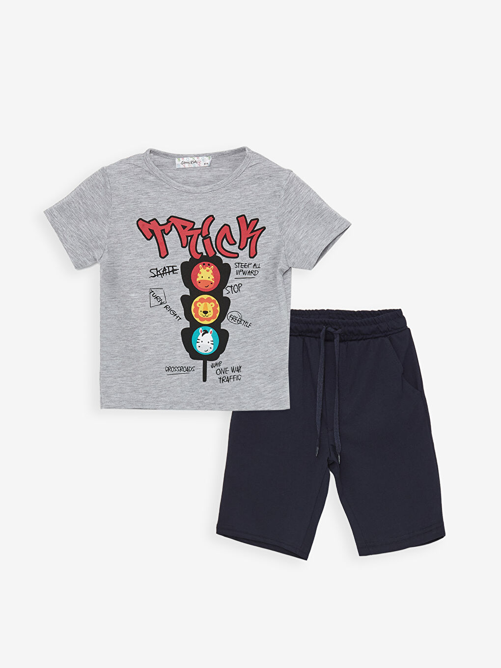 Güneş Kids Gri Bisiklet Yaka Kısa Kollu Baskılı Erkek Bebek Şortlu Pijama Takımı