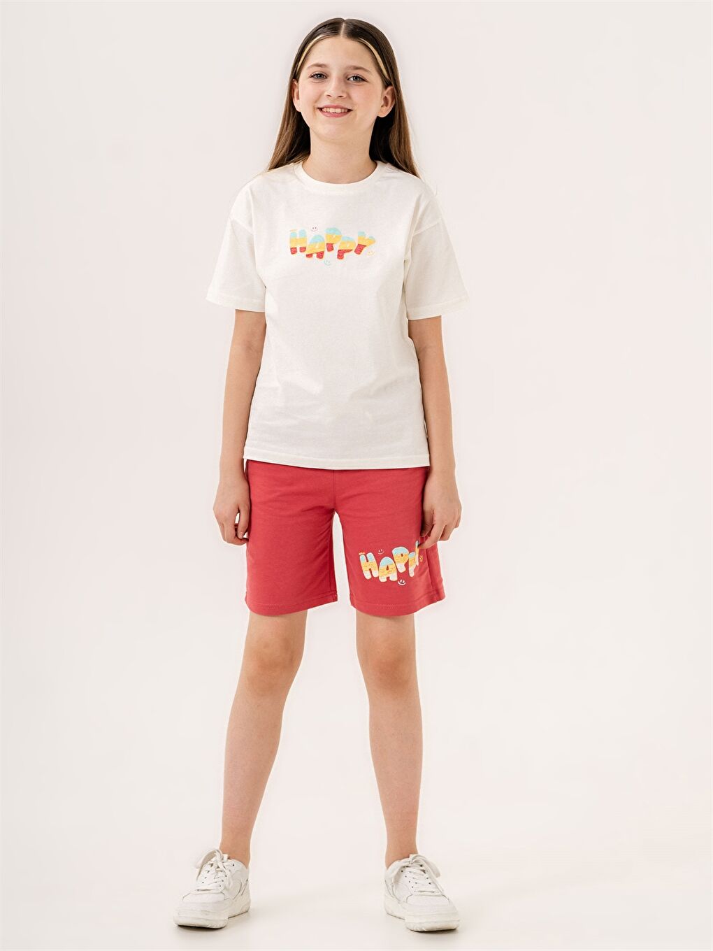 Ekru Bisiklet Yaka Baskılı Kız Çocuk Tişört ve Şort 2'li Takım