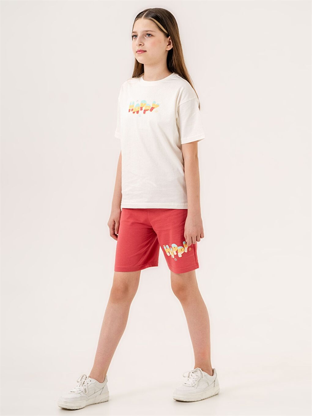 Ekru Bisiklet Yaka Baskılı Kız Çocuk Tişört ve Şort 2'li Takım-1