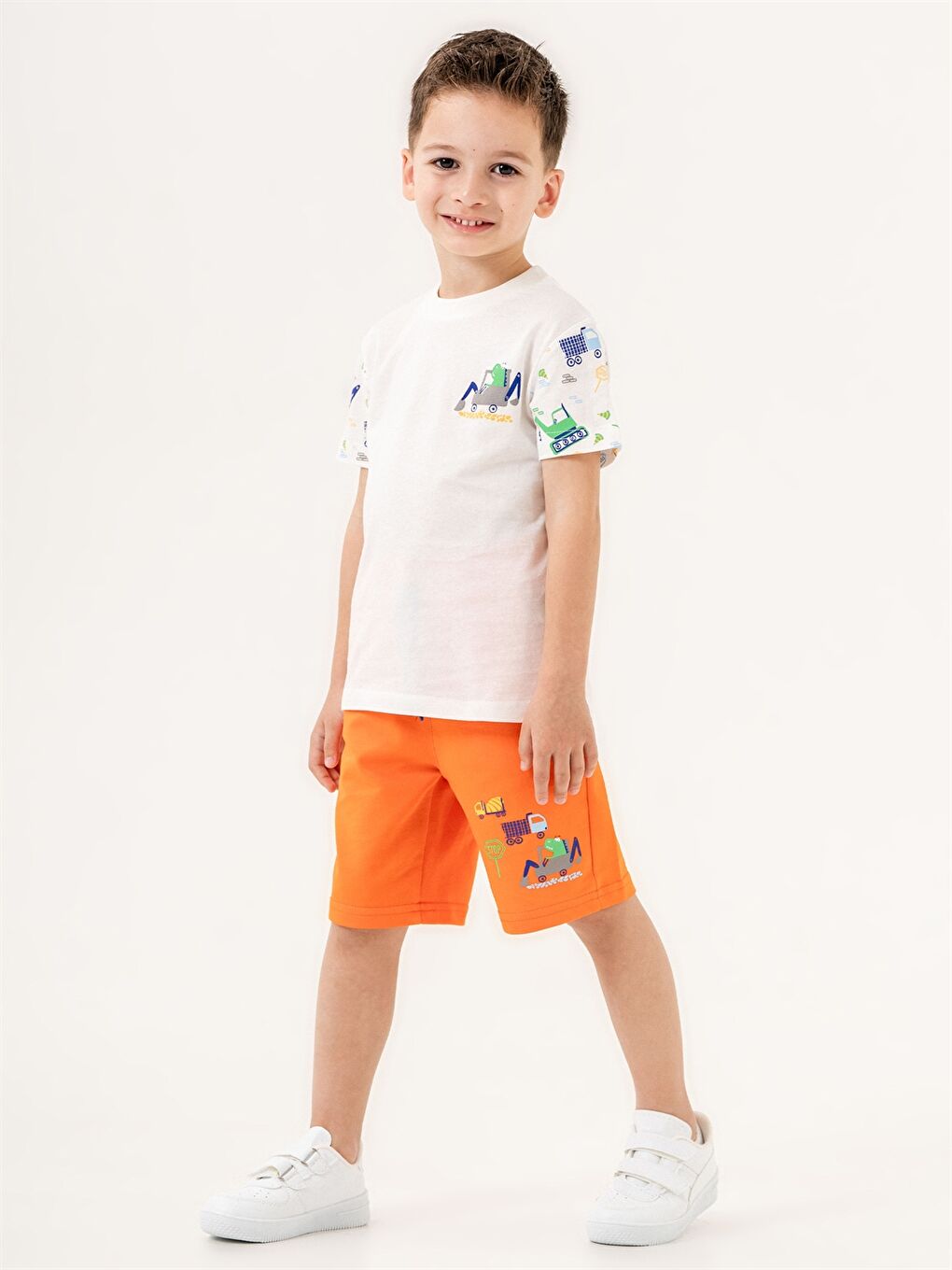 Turuncu Bisiklet Yaka Baskılı Erkek Bebek Tişört ve Şort Takım-1
