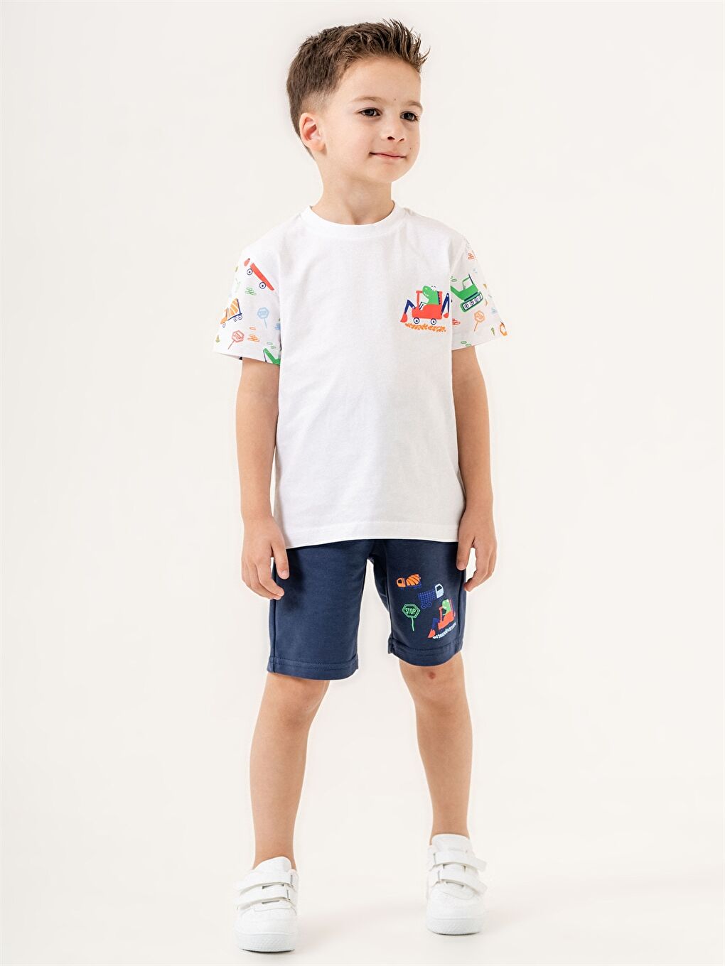 Lacivert Bisiklet Yaka Baskılı Erkek Bebek Tişört ve Şort Takım