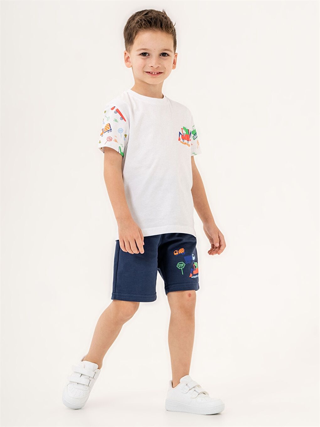 Lacivert Bisiklet Yaka Baskılı Erkek Bebek Tişört ve Şort Takım-1