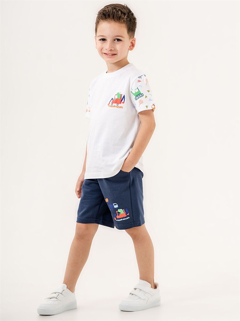 Lacivert Bisiklet Yaka Baskılı Erkek Bebek Tişört ve Şort Takım-2