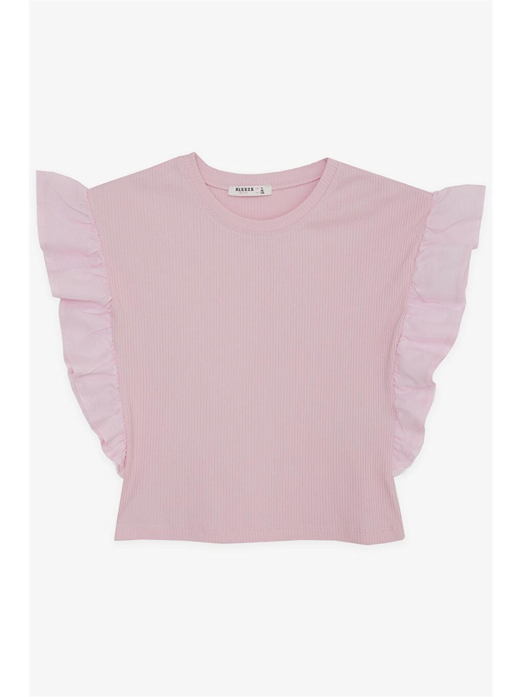 Pembe Bisiklet Yaka Fırfır Detaylı Kız Çocuk Tişört