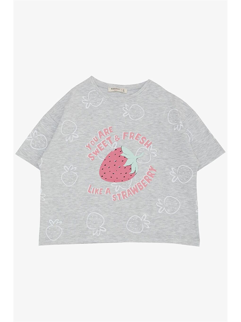 Gri Bisiklet Yaka Baskılı Kız Çocuk Tişört