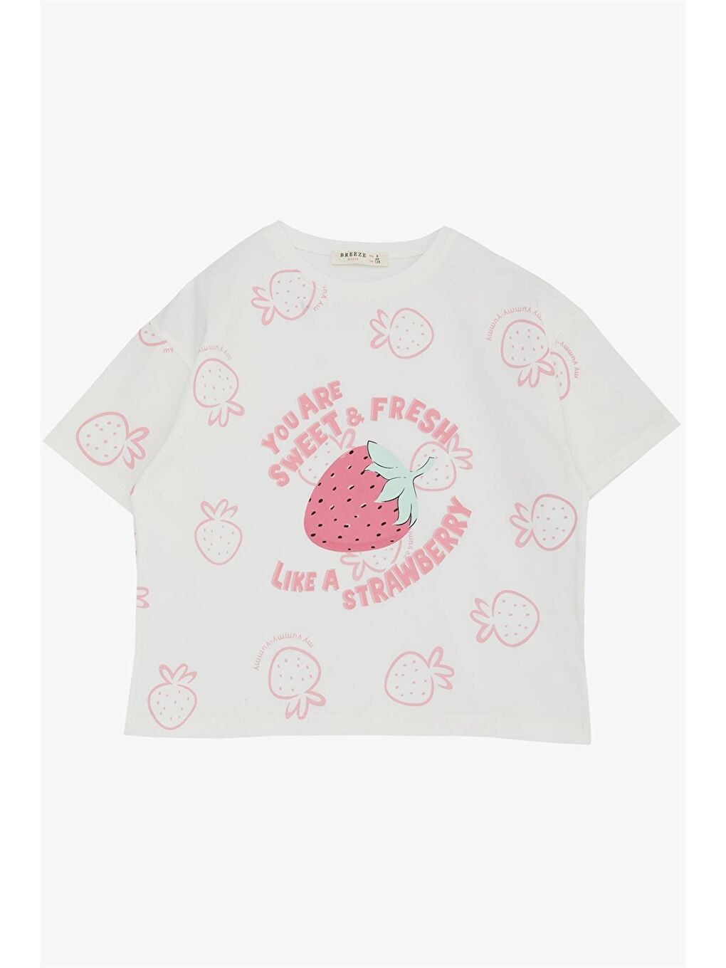 Ekru Bisiklet Yaka Baskılı Kız Çocuk Tişört