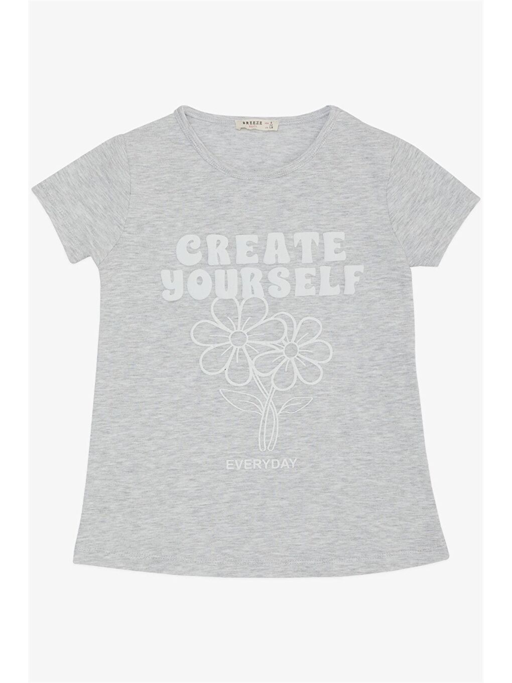 Gri Bisiklet Yaka Baskılı Kız Çocuk Tişört