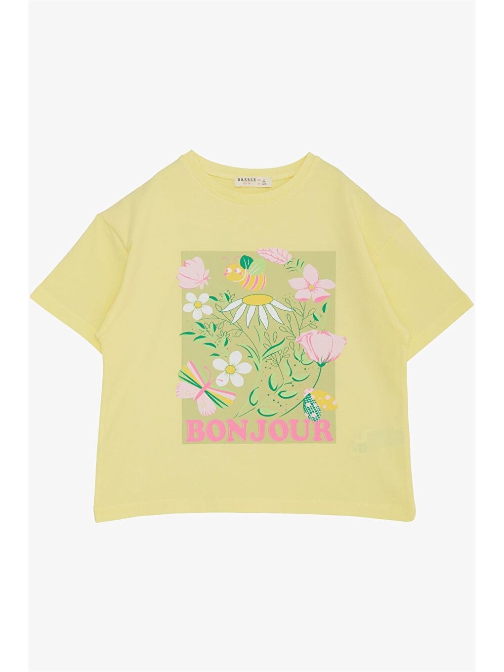 Sarı Bisiklet Yaka Baskılı Kız Çocuk Tişört