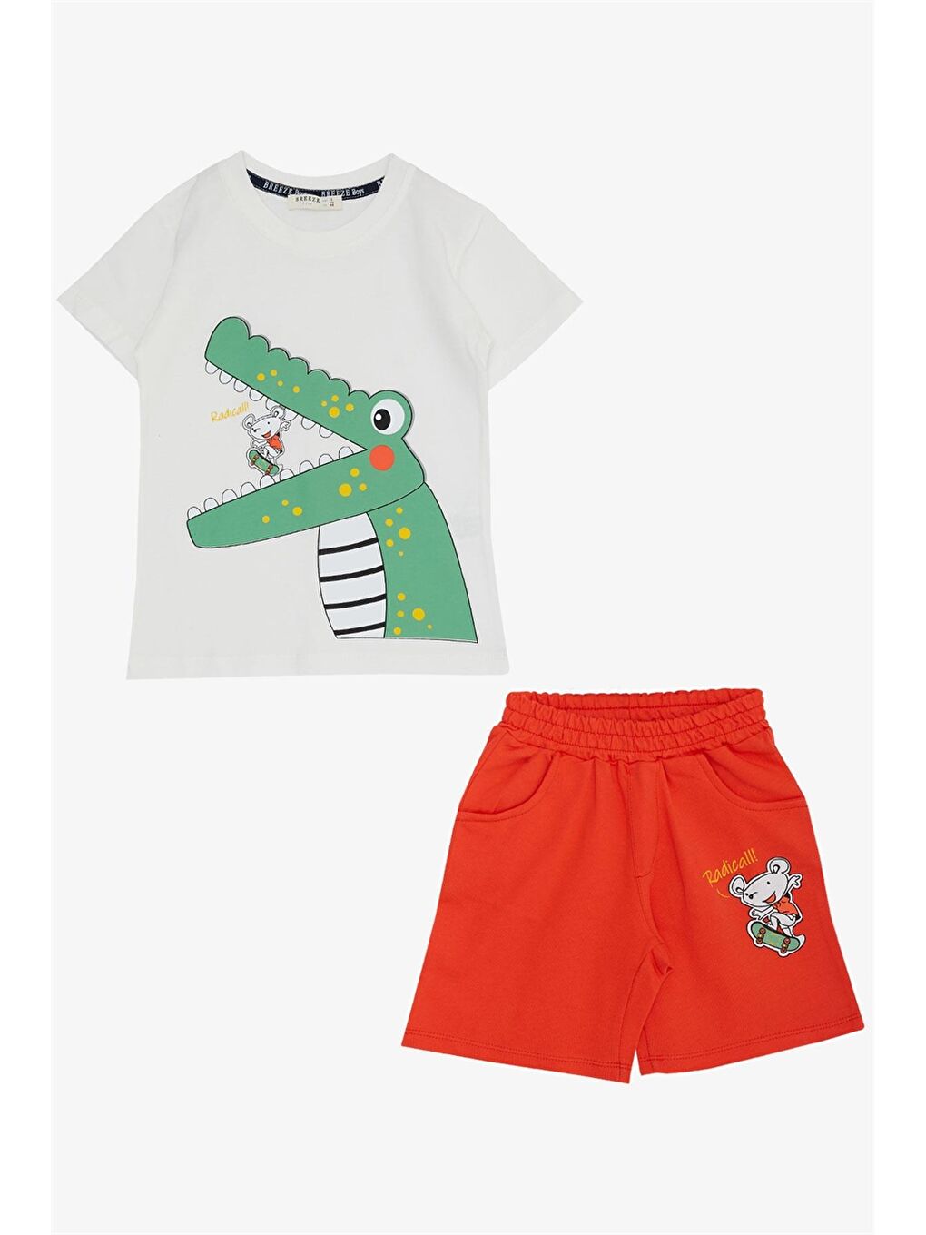 Ekru Bisiklet Yaka Baskılı Erkek Çocuk Tişört ve Şort 2'li Takım