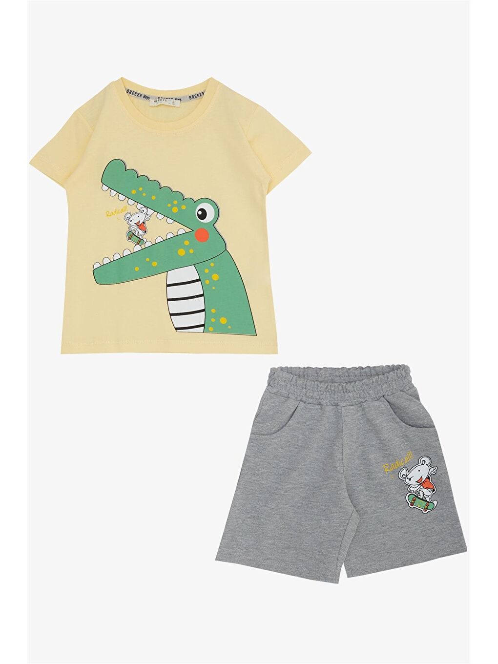 Sarı Bisiklet Yaka Baskılı Erkek Çocuk Tişört ve Şort 2'li Takım
