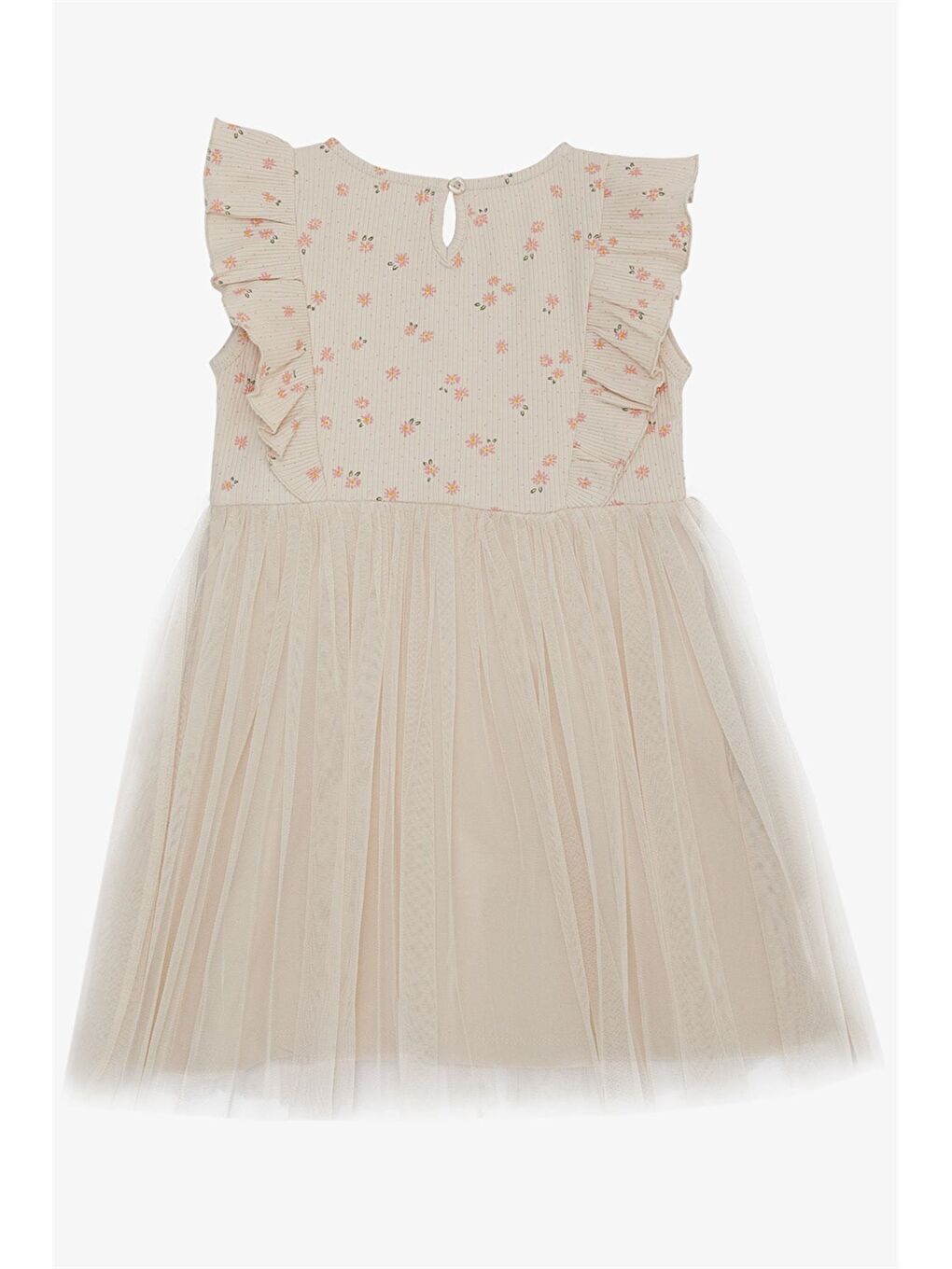 Bej Bisiklet Yaka Baskılı Kız Çocuk Elbise-1