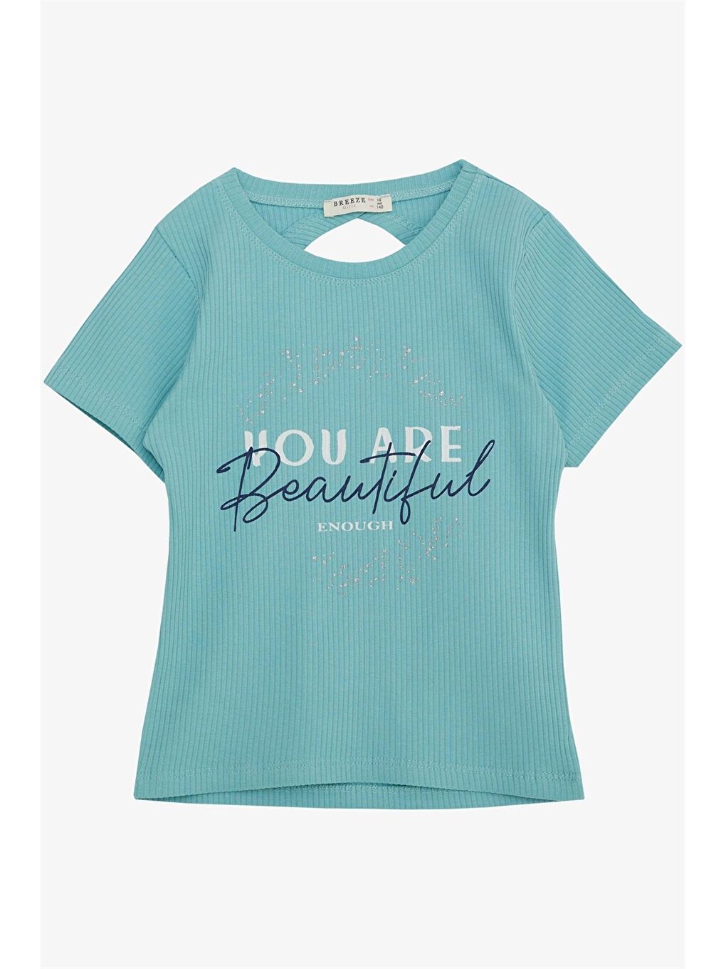 Turkuaz Bisiklet Yaka Baskılı Kız Çocuk Tişört