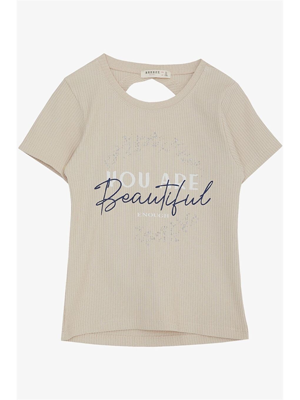 Bej Bisiklet Yaka Baskılı Kız Çocuk Tişört