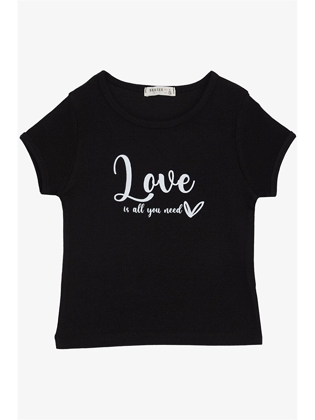 Siyah Bisiklet Yaka Baskılı Kız Çocuk Tişört