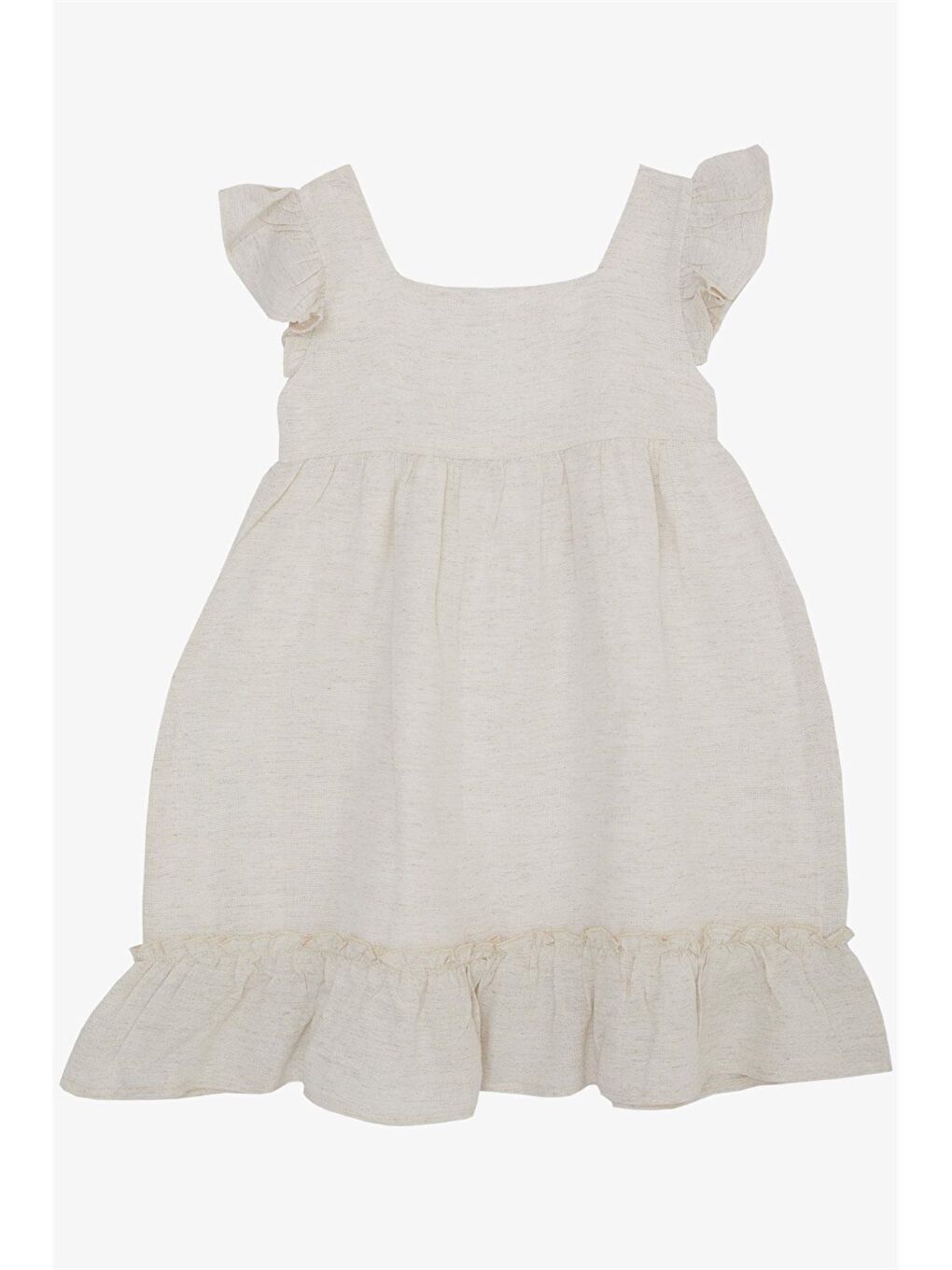 Ekru Kare Yaka Kız Çocuk Elbise