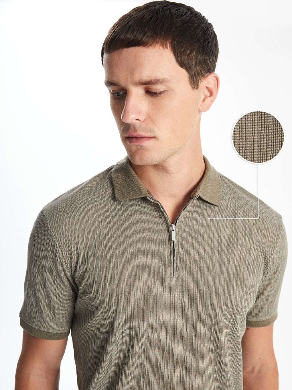 Bej Polo Yaka Kısa Kollu Erkek Dokulu Tişört